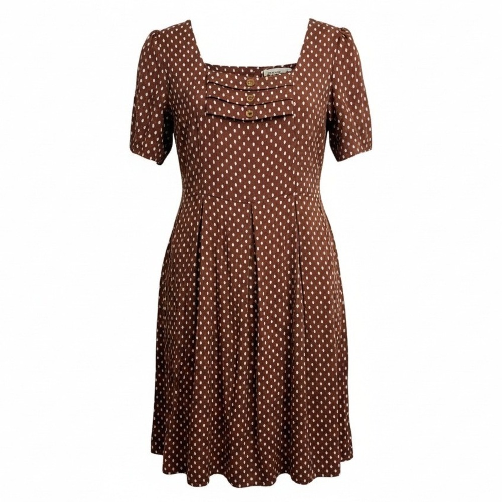 Vintage Jeffrey & Dara 10 Brown Polka Dot Midi Dress Classic Swing Bib Pleated